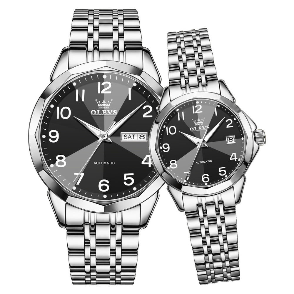 silver black automatic couple watch set - OLEVS 6789
