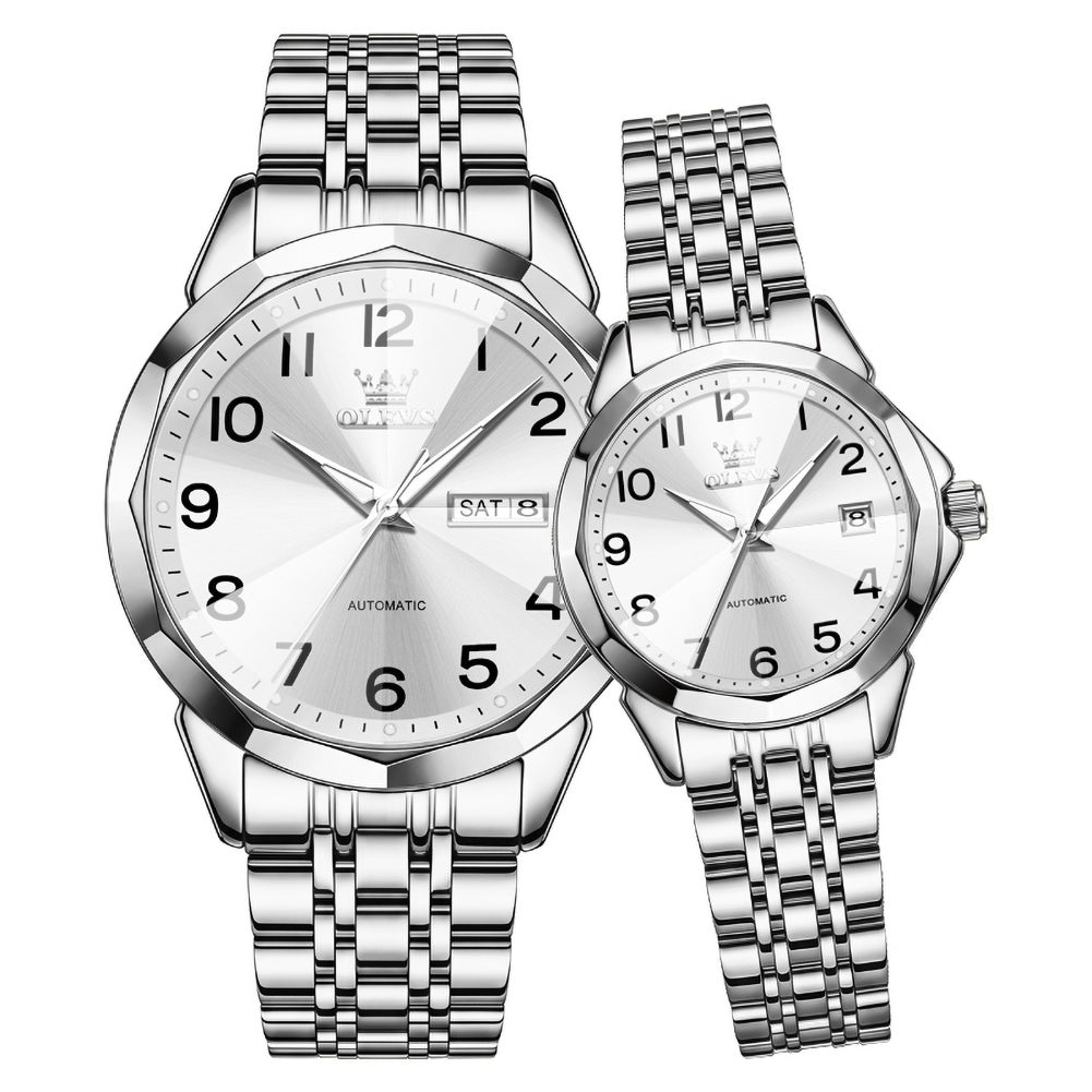 silver white automatic couple watch set - OLEVS 6789