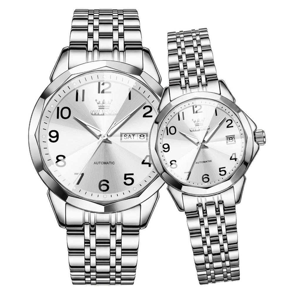 silver white automatic couple watch set - OLEVS 6789