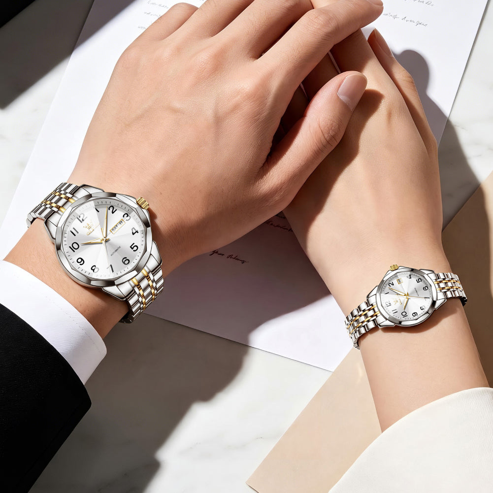 two tone white matching watches worn by a couple - OLEVS 6789
