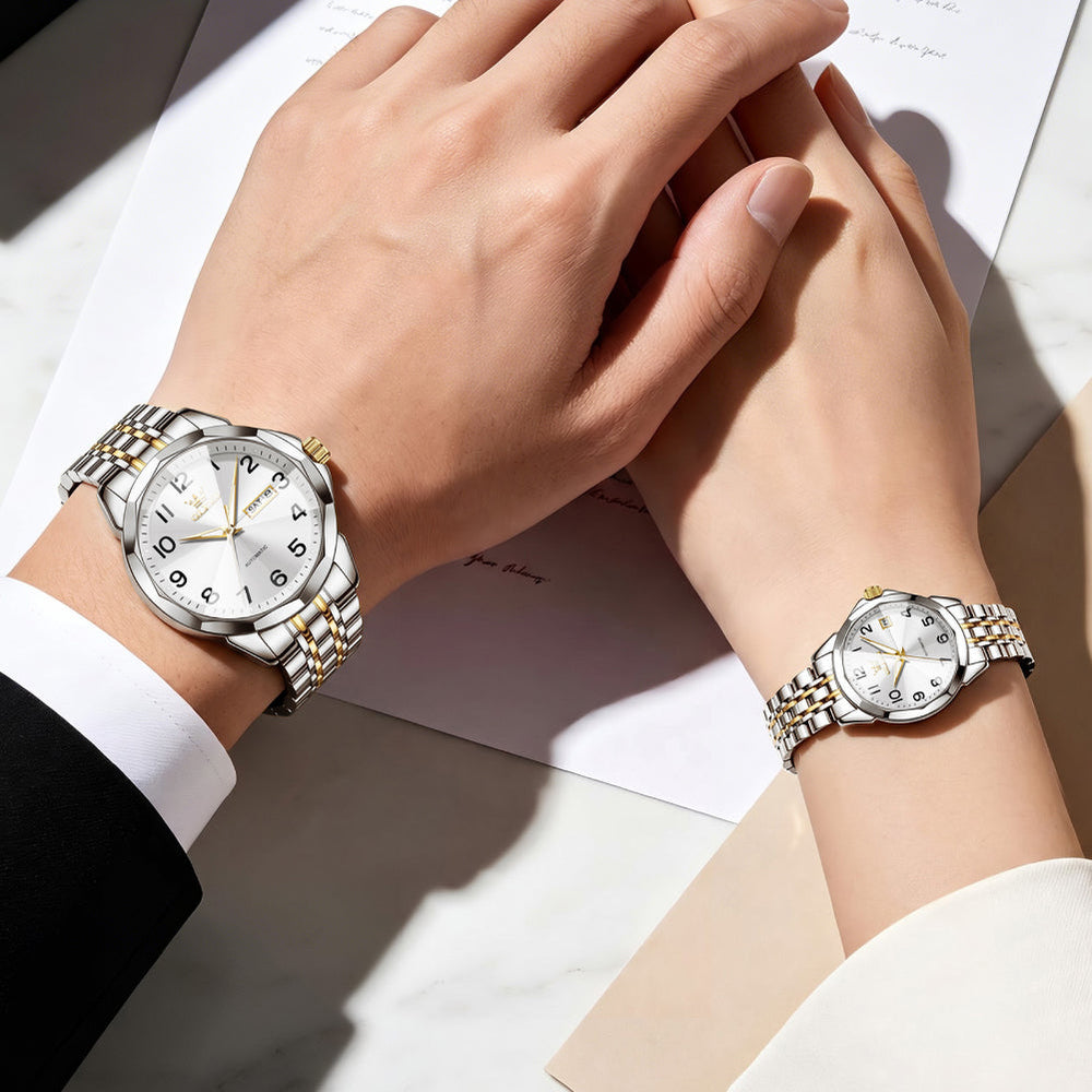 two tone white matching watches worn by a couple - OLEVS 6789