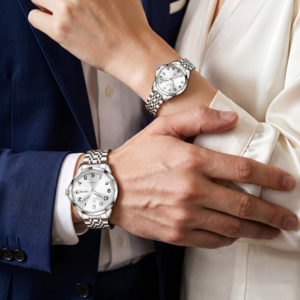 silver white matching watches worn by a couple - OLEVS 6789