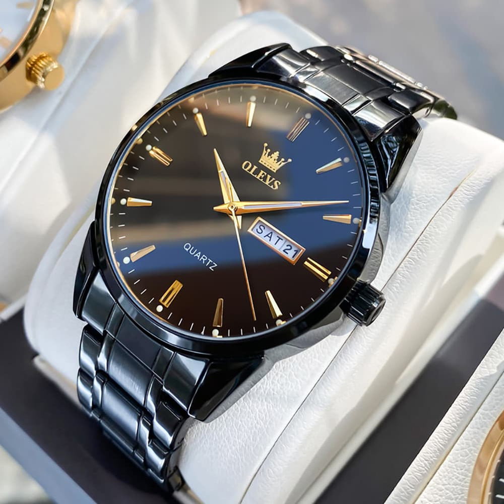 OLEVS 6898 Ultra Thin Day Date Watch Stainless Steel Quartz Casual Timepiece for Men - All Black Watch | Olevs Watch Store