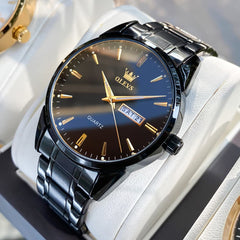 OLEVS 6898 Ultra Thin Day Date Watch Stainless Steel Quartz Casual Timepiece for Men - All Black Watch | Olevs Watch Store