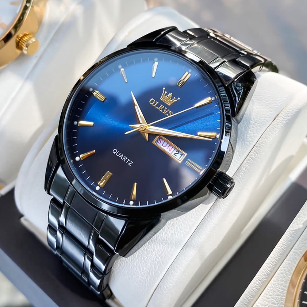 OLEVS 6898 Ultra Thin Day Date Watch Stainless Steel Quartz Casual Timepiece for Men - All Black Blue Watch Olevs Watch Store