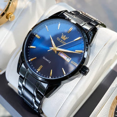 OLEVS 6898 Ultra Thin Day Date Watch Stainless Steel Quartz Casual Timepiece for Men - All Black Blue Watch Olevs Watch Store