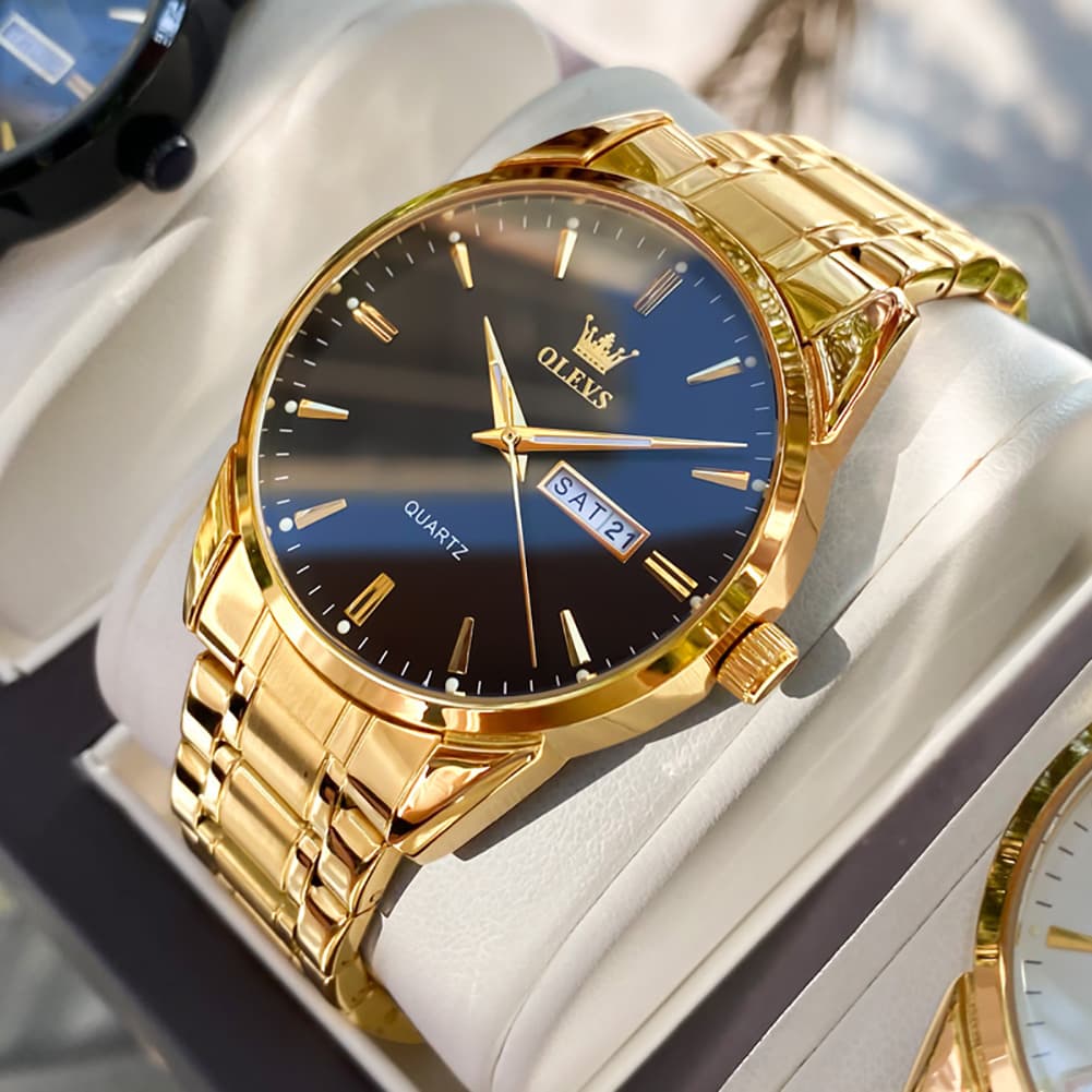 OLEVS 6898 Ultra Thin Day Date Watch Stainless Steel Quartz Casual Timepiece for Men - Gold Black Watch | Olevs Watch Store