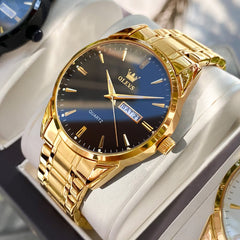 OLEVS 6898 Ultra Thin Day Date Watch Stainless Steel Quartz Casual Timepiece for Men - Gold Black Watch | Olevs Watch Store