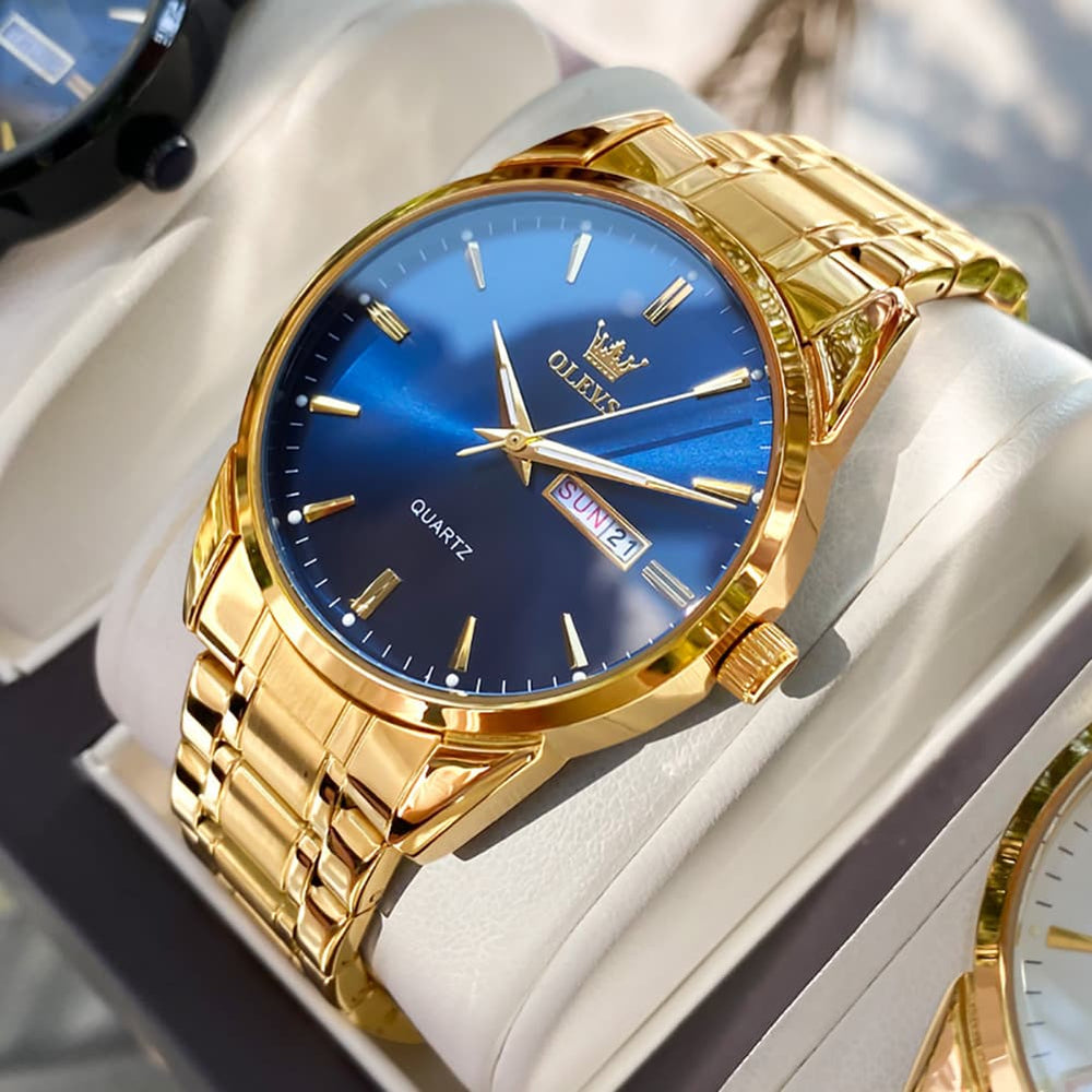 OLEVS 6898 Ultra Thin Day Date Watch Stainless Steel Quartz Casual Timepiece for Men - Gold Blue Watch | Olevs Watch Store