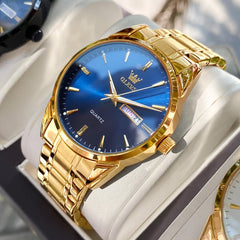 OLEVS 6898 Ultra Thin Day Date Watch Stainless Steel Quartz Casual Timepiece for Men - Gold Blue Watch | Olevs Watch Store