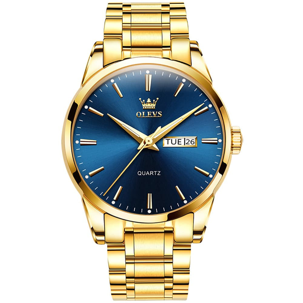 OLEVS 6898 Ultra Thin Day Date Watch Stainless Steel Quartz Casual Timepiece for Men - Gold White Watch | Olevs Watch Store