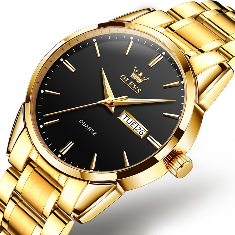 OLEVS 6898 Ultra Thin Day Date Watch Stainless Steel Quartz Casual Timepiece for Men - Gold White Watch | Olevs Watch Store