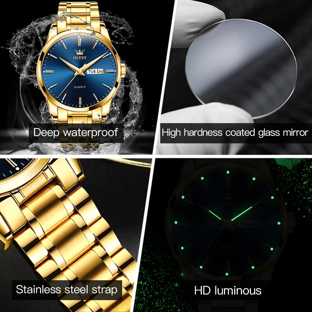 OLEVS 6898 Ultra Thin Day Date Watch Stainless Steel Quartz Casual Timepiece for Men - Gold White Watch | Olevs Watch Store