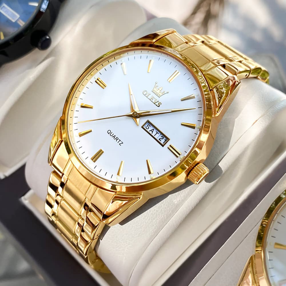 OLEVS 6898 Ultra Thin Day Date Watch Stainless Steel Quartz Casual Timepiece for Men - Gold White Watch | Olevs Watch Store