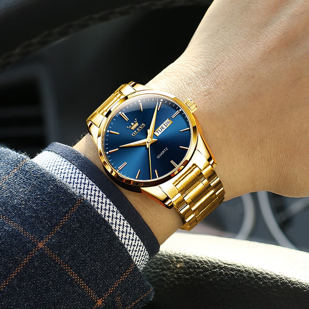 OLEVS 6898 Ultra Thin Day Date Watch Stainless Steel Quartz Casual Timepiece for Men - Gold White Watch | Olevs Watch Store