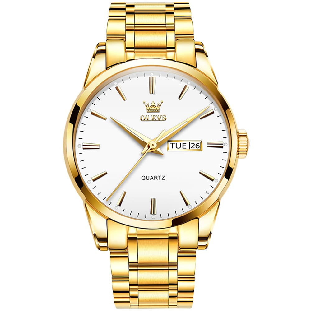 OLEVS 6898 Ultra Thin Day Date Watch Stainless Steel Quartz Casual Timepiece for Men - Gold White Watch | Olevs Watch Store