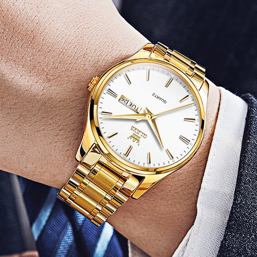 OLEVS 6898 Ultra Thin Day Date Watch Stainless Steel Quartz Casual Timepiece for Men - Gold White Watch | Olevs Watch Store