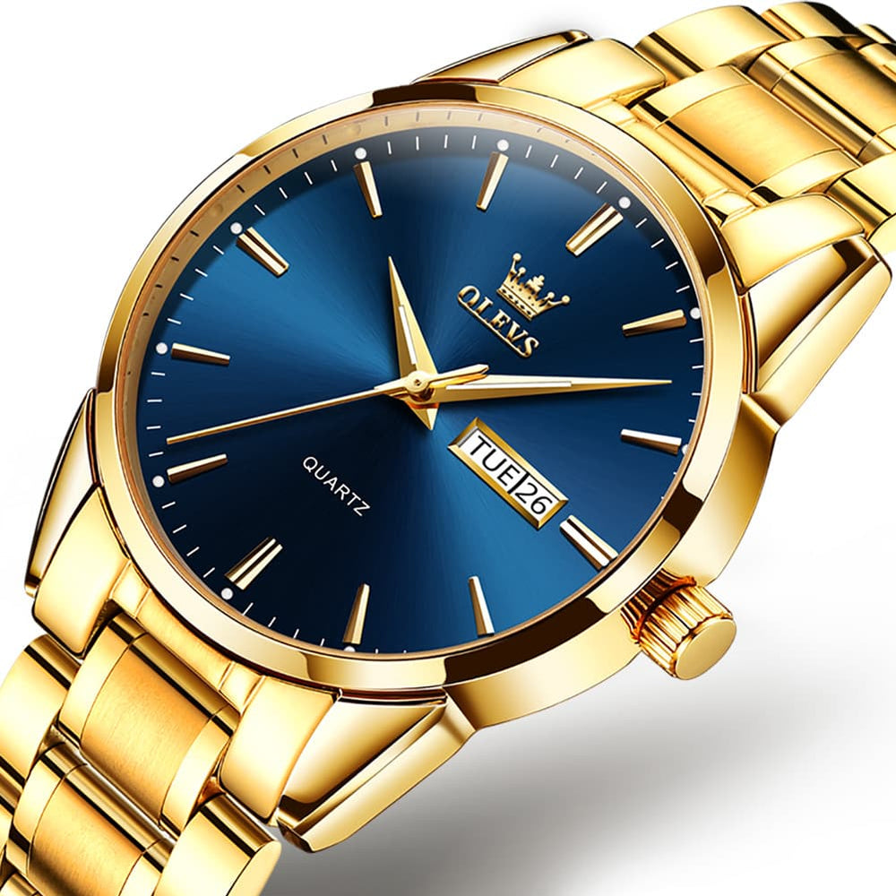OLEVS 6898 Ultra Thin Day Date Watch Stainless Steel Quartz Casual Timepiece for Men - Gold White Watch | Olevs Watch Store