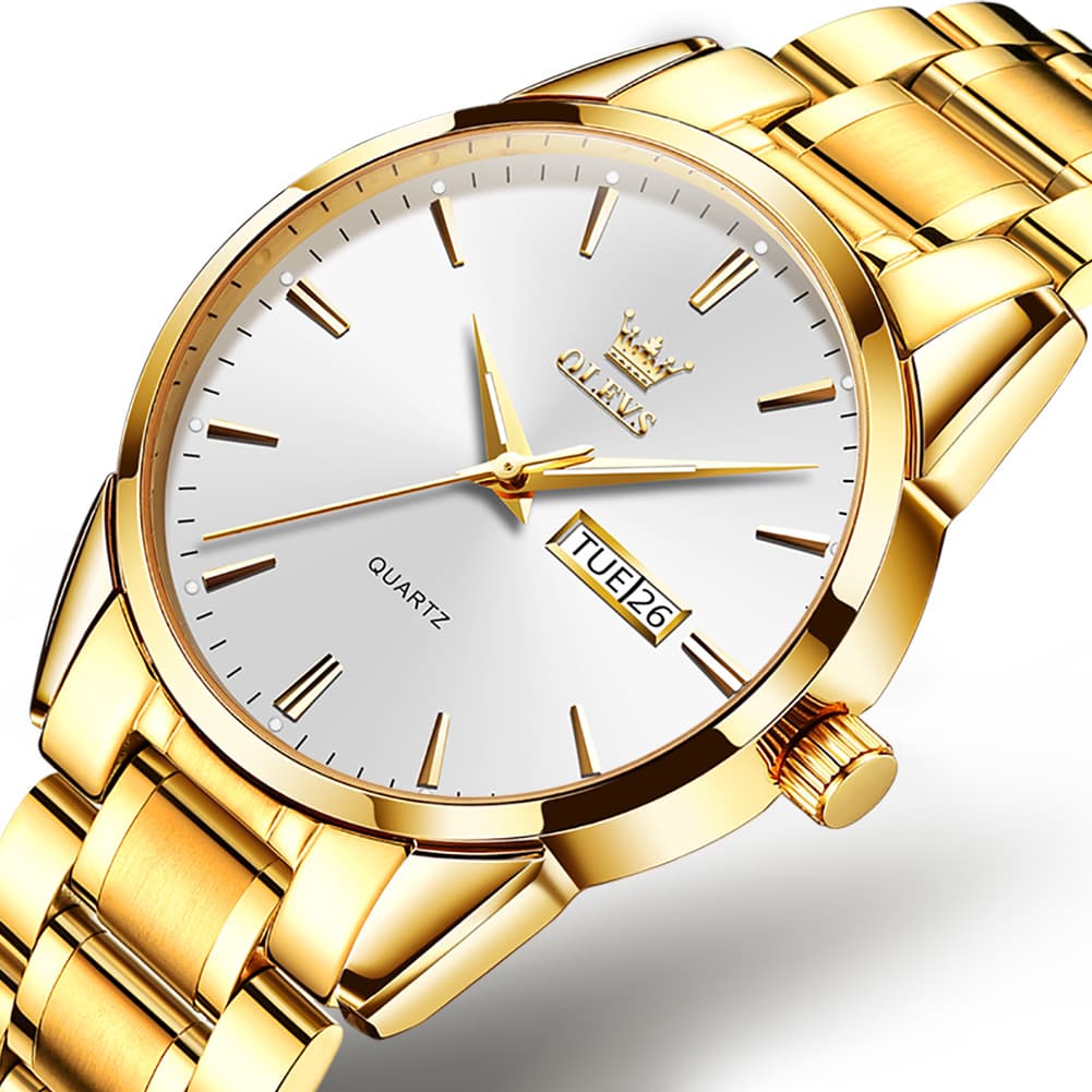 OLEVS 6898 Ultra Thin Day Date Watch Stainless Steel Quartz Casual Timepiece for Men - Gold White Watch | Olevs Watch Store
