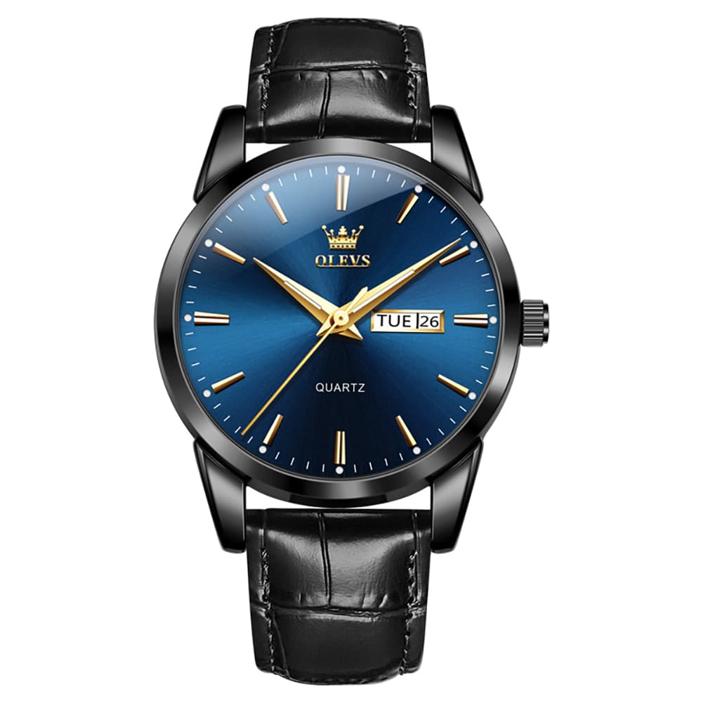 OLEVS 6898P Ultra Thin Day Date Watch Leather Strap Quartz Casual Timepiece for Men - All Black Watch | Olevs Watch Store