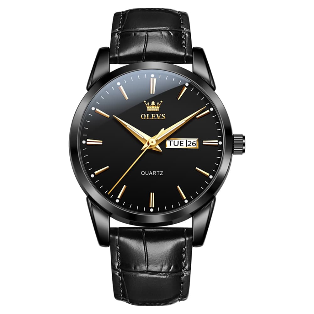 OLEVS 6898P Ultra Thin Day Date Watch Leather Strap Quartz Casual Timepiece for Men - All Black Watch | Olevs Watch Store