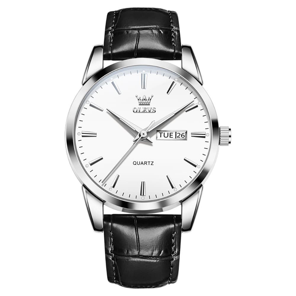 OLEVS 6898P Ultra Thin Day Date Watch Leather Strap Quartz Casual Timepiece for Men - All Black Watch | Olevs Watch Store