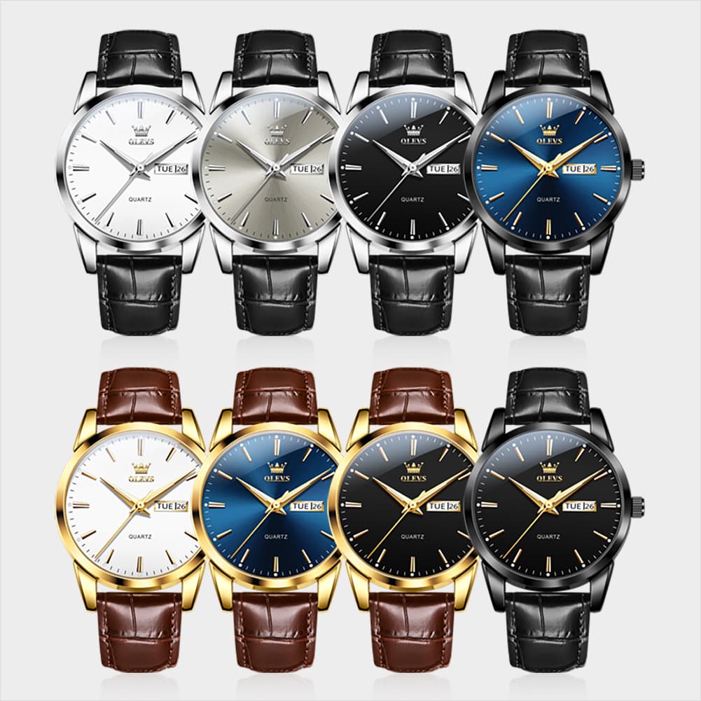 OLEVS 6898P Ultra Thin Day Date Watch Leather Strap Quartz Casual Timepiece for Men - All Black Watch | Olevs Watch Store