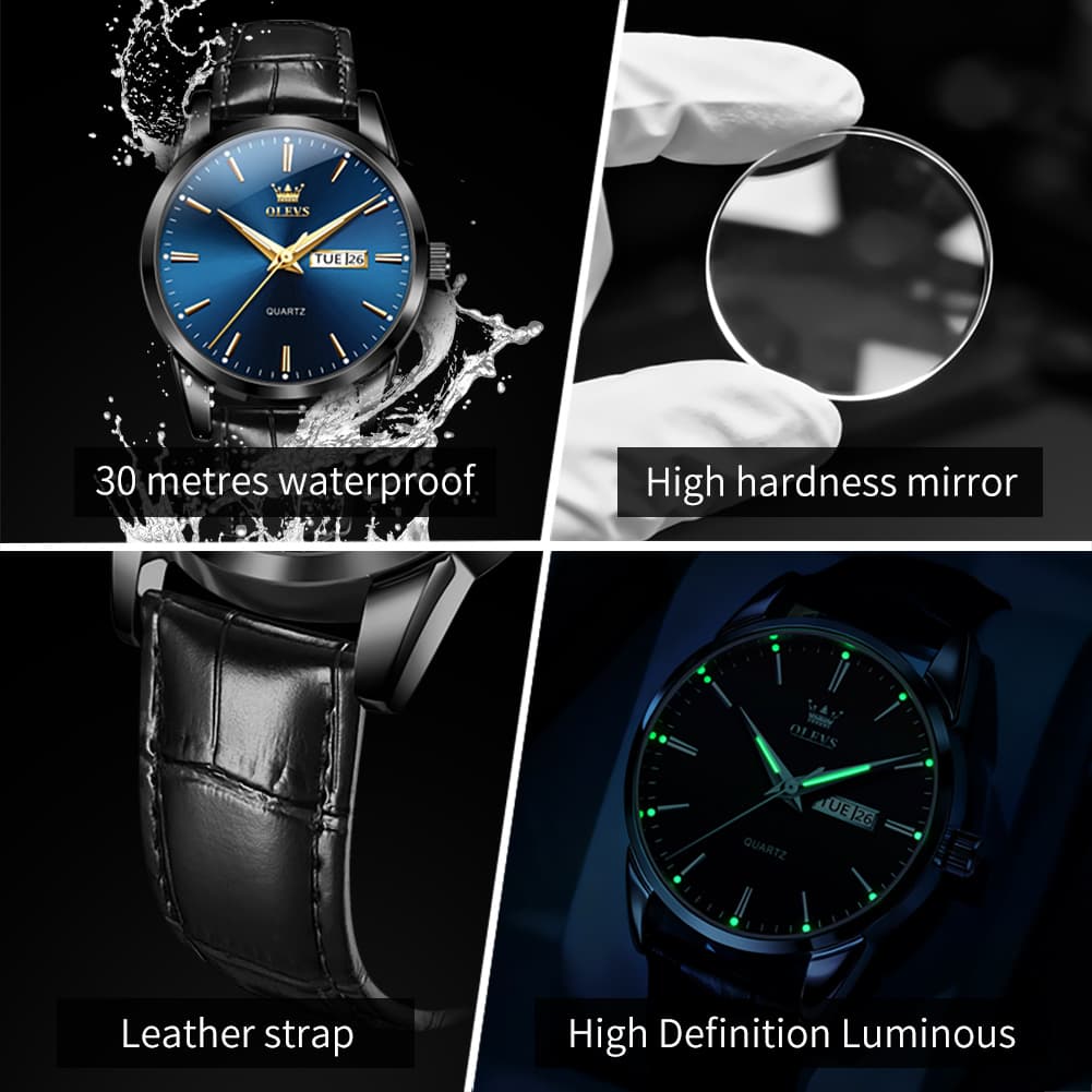 OLEVS 6898P Ultra Thin Day Date Watch Leather Strap Quartz Casual Timepiece for Men - All Black Watch | Olevs Watch Store