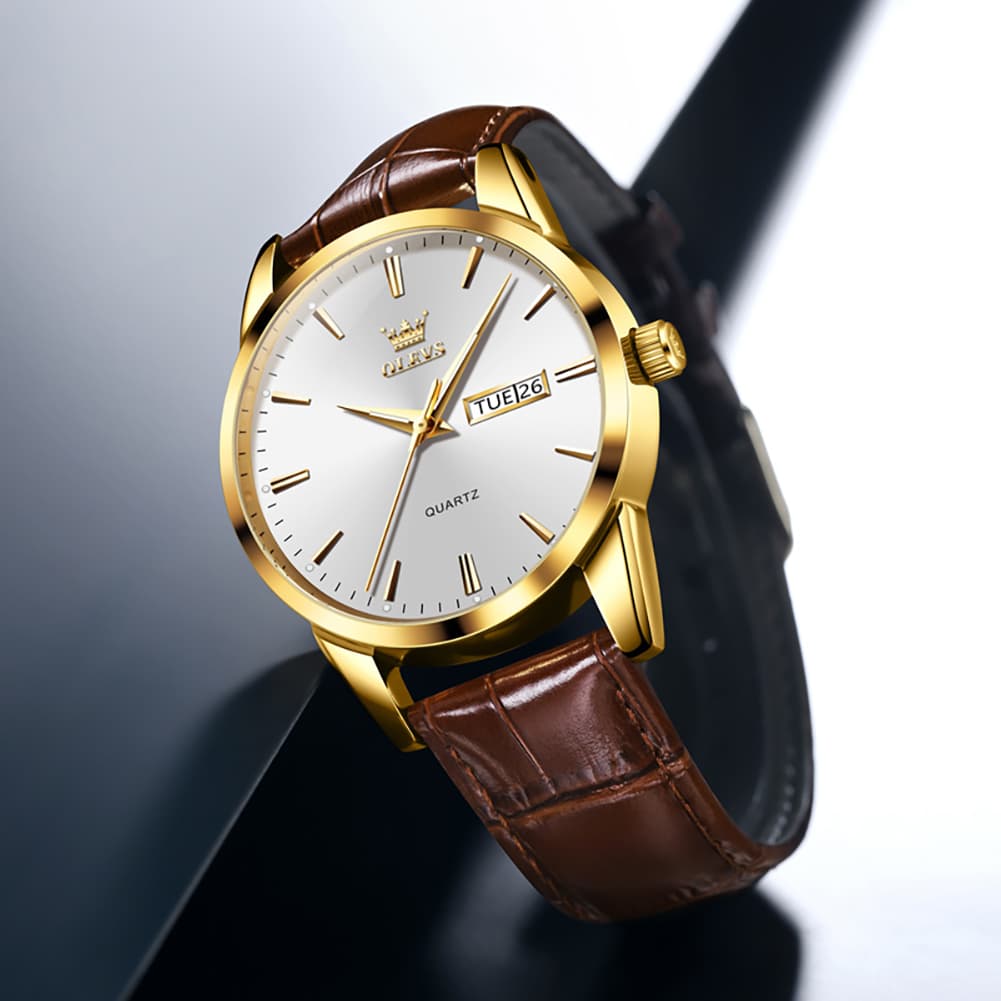 OLEVS 6898P Ultra Thin Day Date Watch Leather Strap Quartz Casual Timepiece for Men - All Black Watch | Olevs Watch Store