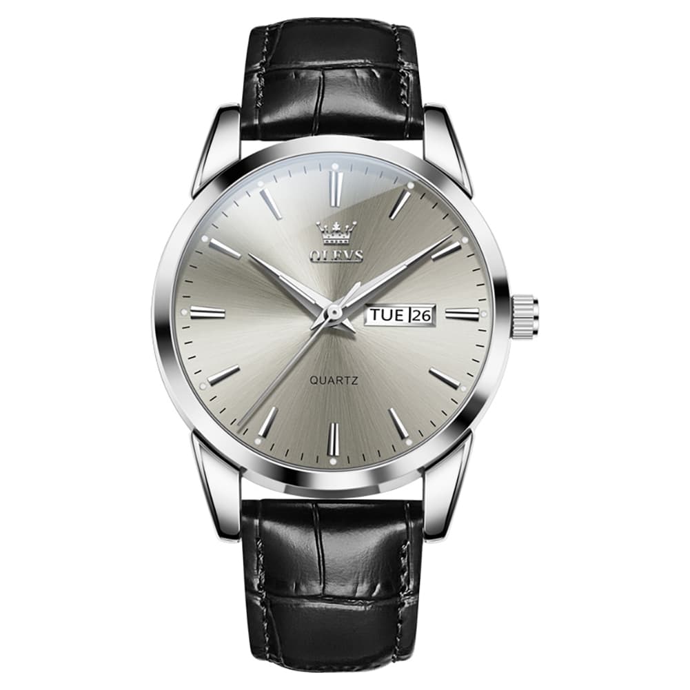 OLEVS 6898P Ultra Thin Day Date Watch Leather Strap Quartz Casual Timepiece for Men - All Black Watch | Olevs Watch Store