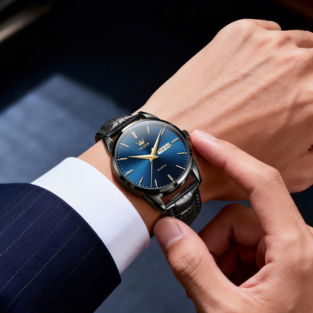 OLEVS 6898P Ultra Thin Day Date Watch Leather Strap Quartz Casual Timepiece for Men - All Black Watch | Olevs Watch Store