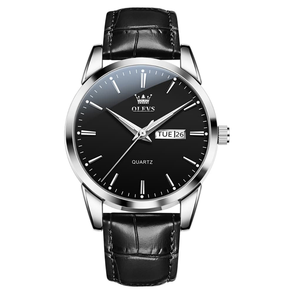 OLEVS 6898P Ultra Thin Day Date Watch Leather Strap Quartz Casual Timepiece for Men - All Black Watch | Olevs Watch Store