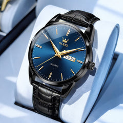 OLEVS 6898P Ultra Thin Day Date Watch Leather Strap Quartz Casual Timepiece for Men - All Black Blue Watch Olevs Watch Store
