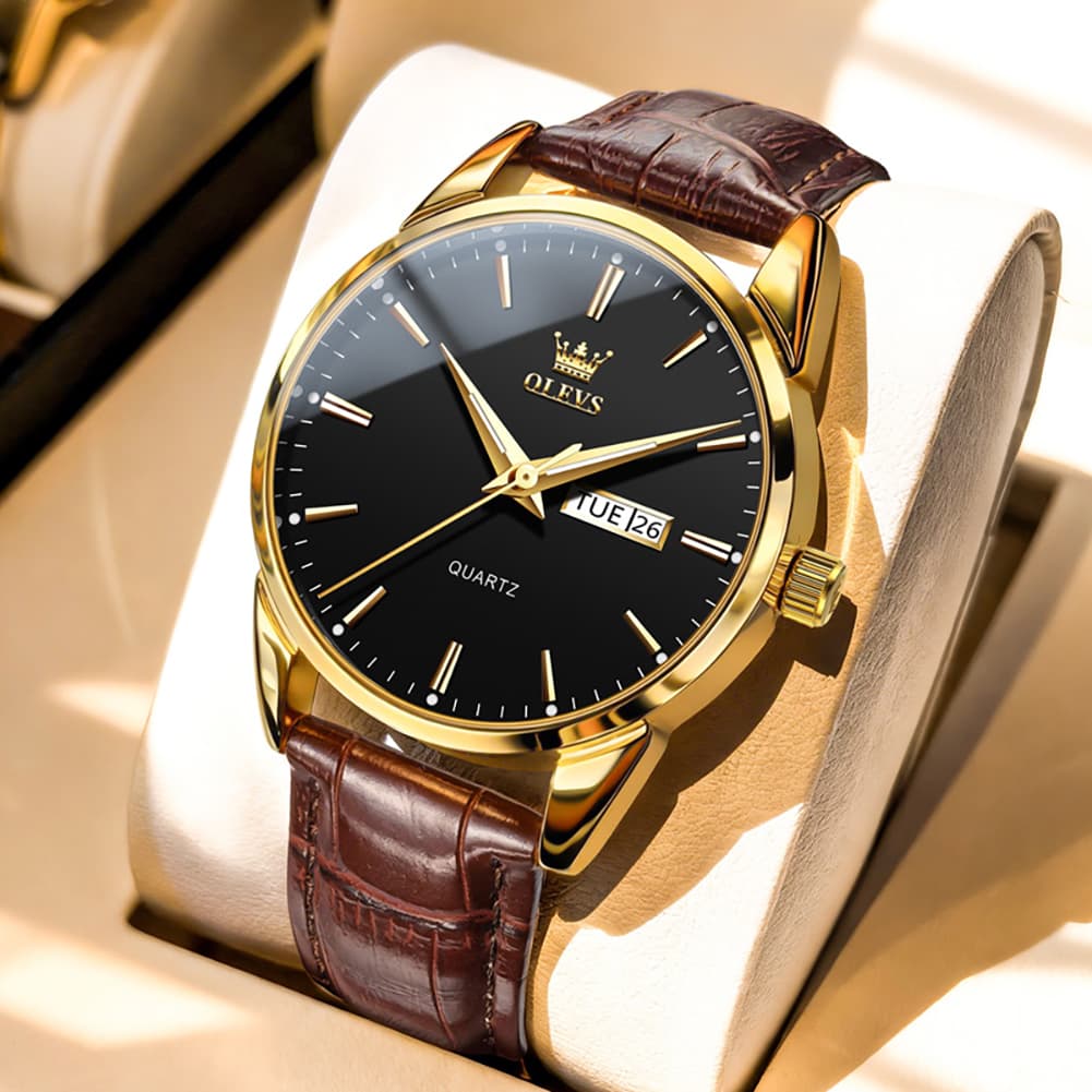 OLEVS 6898P Ultra Thin Day Date Watch Leather Strap Quartz Casual Timepiece for Men - Gold Black Watch | Olevs Watch Store