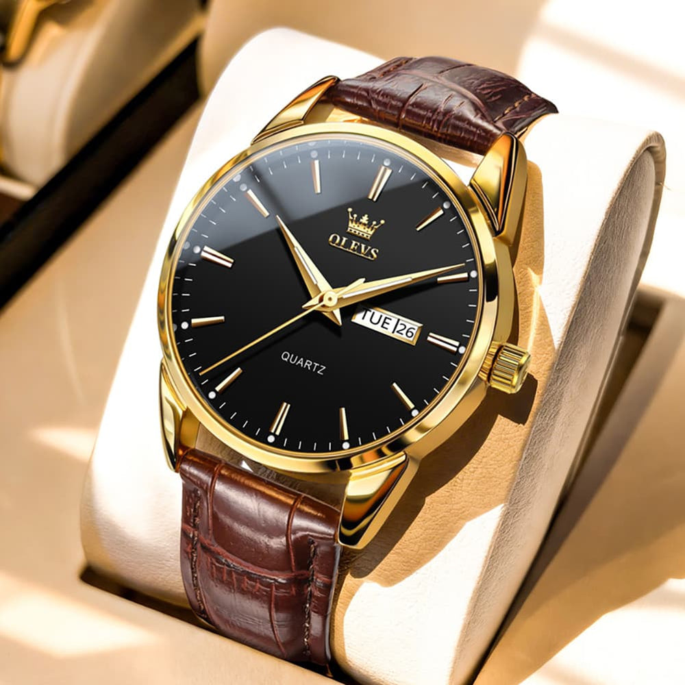 OLEVS 6898P Ultra Thin Day Date Watch Leather Strap Quartz Casual Timepiece for Men - Gold Black Watch | Olevs Watch Store