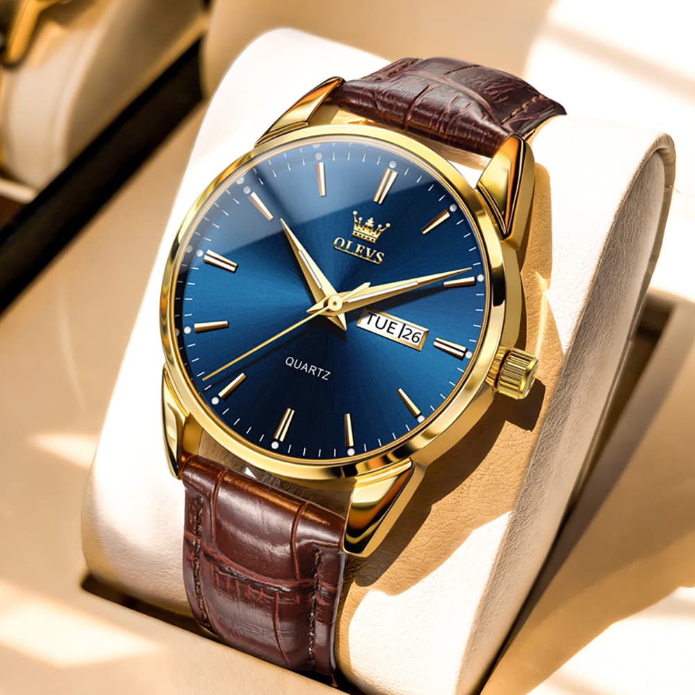 OLEVS 6898P Ultra Thin Day Date Watch Leather Strap Quartz Casual Timepiece for Men - Gold Blue Watch | Olevs Watch Store