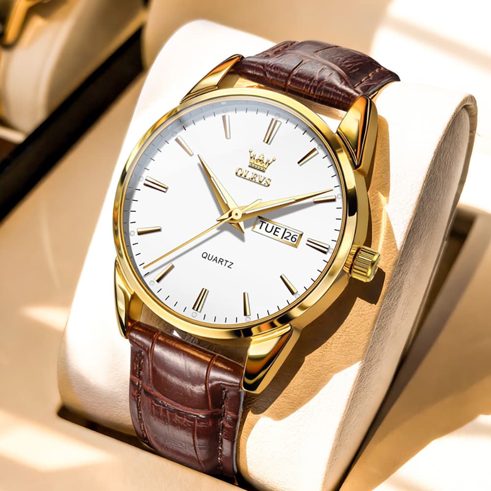 OLEVS 6898P Ultra Thin Day Date Watch Leather Strap Quartz Casual Timepiece for Men - Gold White Watch | Olevs Watch Store