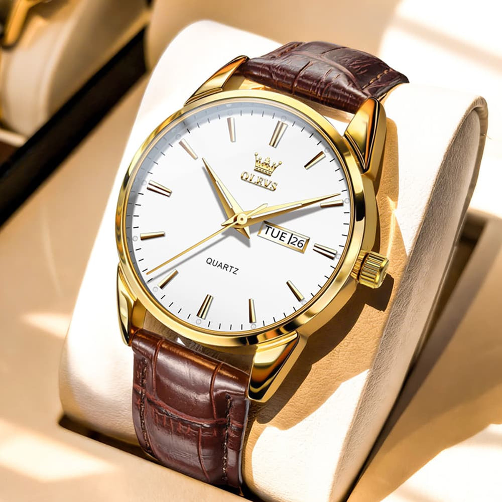 OLEVS 6898P Ultra Thin Day Date Watch Leather Strap Quartz Casual Timepiece for Men - Gold White Watch | Olevs Watch Store