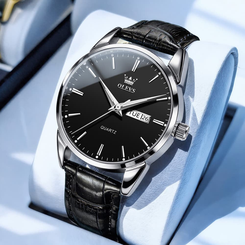 OLEVS 6898P Ultra Thin Day Date Watch Leather Strap Quartz Casual Timepiece for Men - Silver Black Watch | Olevs Watch Store