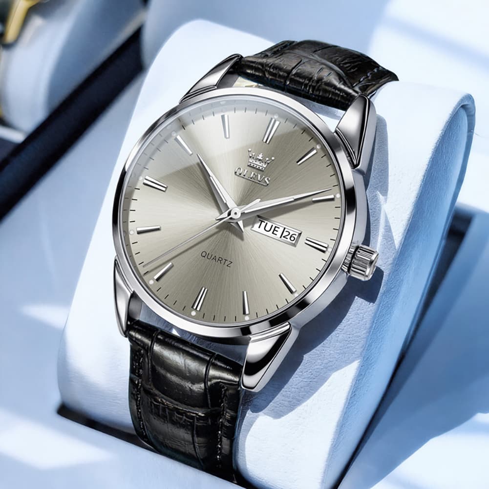 OLEVS 6898P Ultra Thin Day Date Watch Leather Strap Quartz Casual Timepiece for Men - Silver Grey Watch | Olevs Watch Store