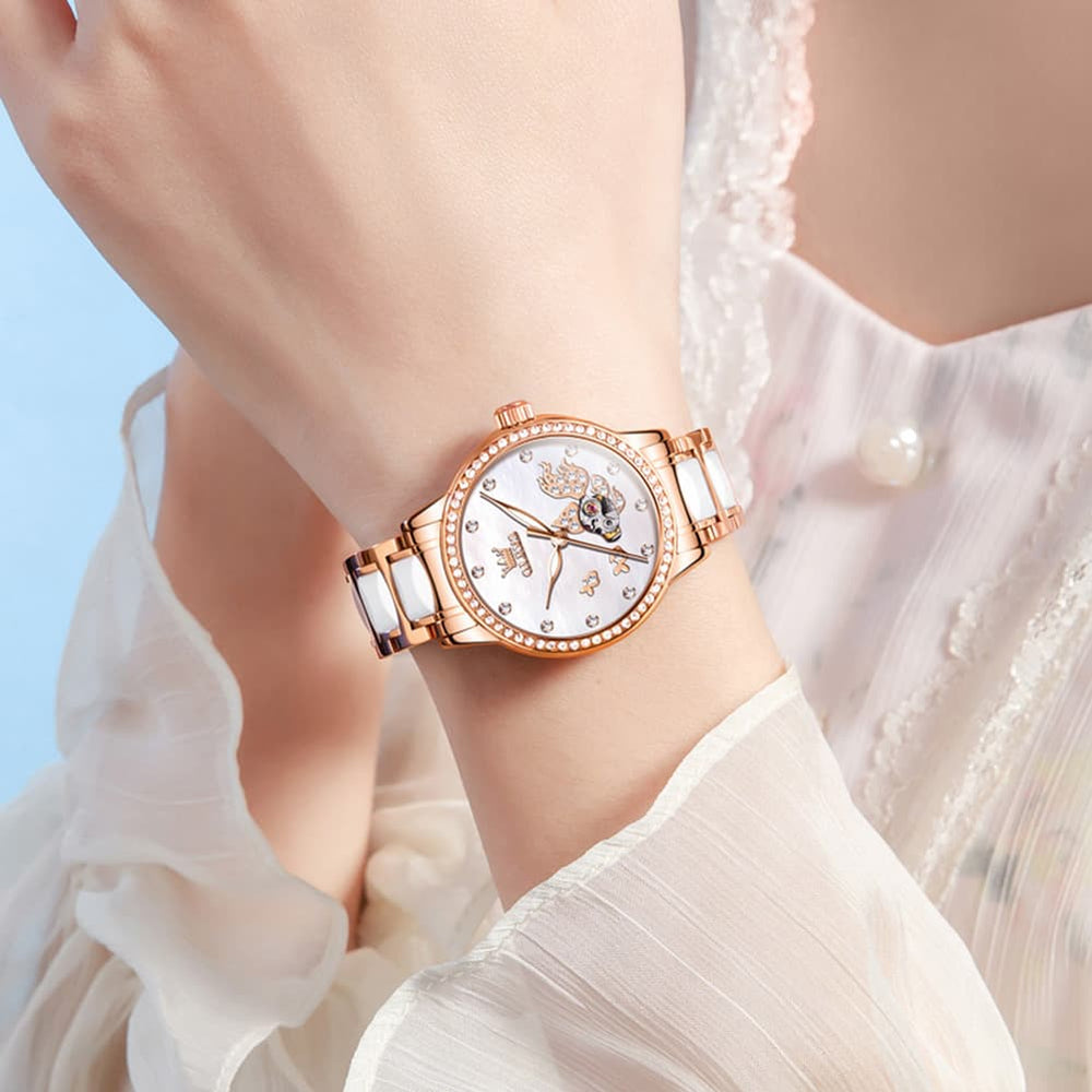 OLEVS 7001 Koi Skeleton Ceramic Mechanical Watch for Women - Rose Gold White Dial Watch | Olevs Watch Store