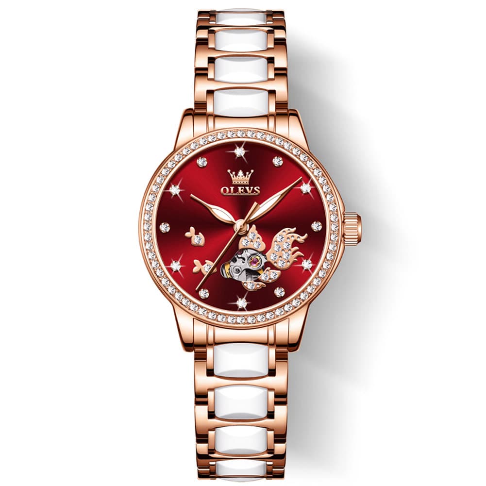 OLEVS 7001 Koi Skeleton Ceramic Mechanical Watch for Women - Rose Gold White Dial Watch | Olevs Watch Store