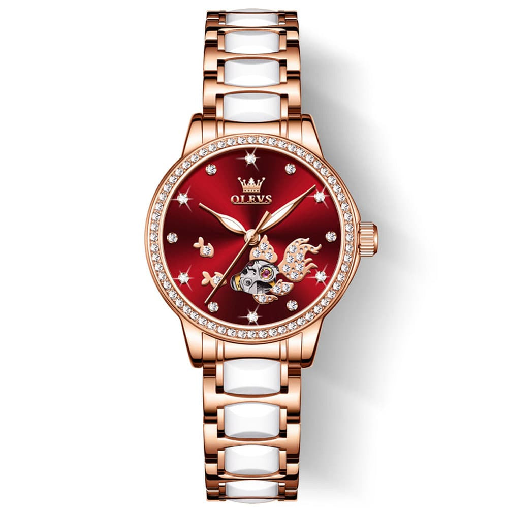 OLEVS 7001 Koi Skeleton Ceramic Mechanical Watch for Women - Rose Gold White Dial Watch | Olevs Watch Store
