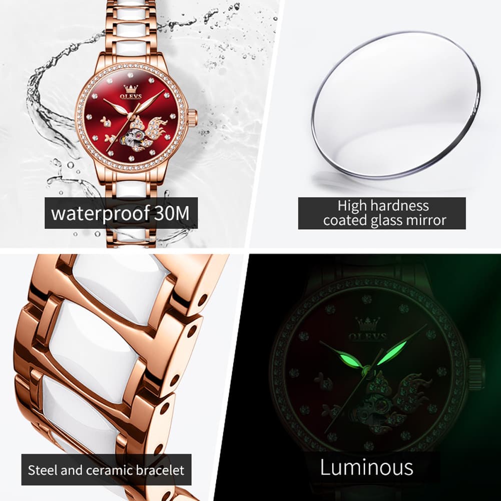 OLEVS 7001 Koi Skeleton Ceramic Mechanical Watch for Women - Rose Gold White Dial Watch | Olevs Watch Store