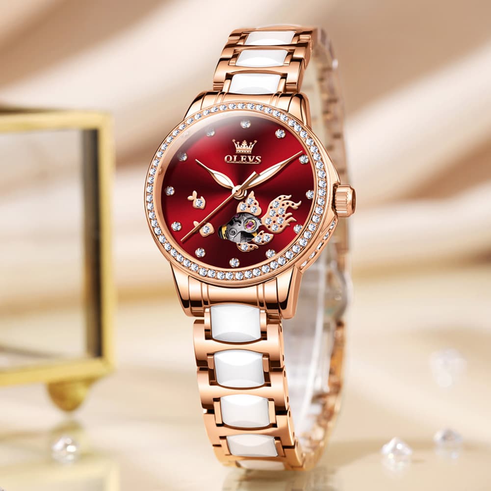 OLEVS 7001 Koi Skeleton Ceramic Mechanical Watch for Women - Rose Gold White Dial Watch | Olevs Watch Store