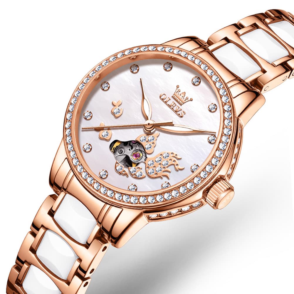 OLEVS 7001 Koi Skeleton Ceramic Mechanical Watch for Women - Rose Gold White Dial Watch | Olevs Watch Store