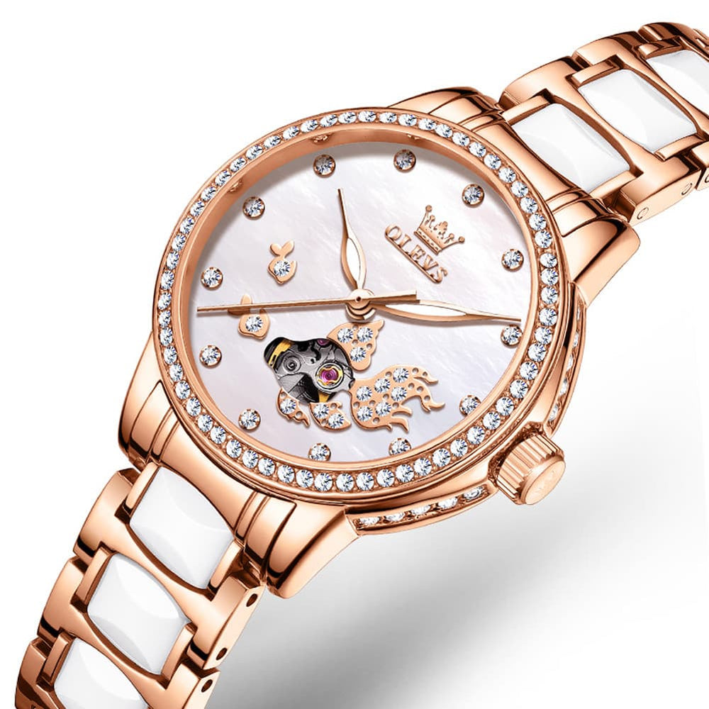 OLEVS 7001 Koi Skeleton Ceramic Mechanical Watch for Women - Rose Gold White Dial Watch | Olevs Watch Store