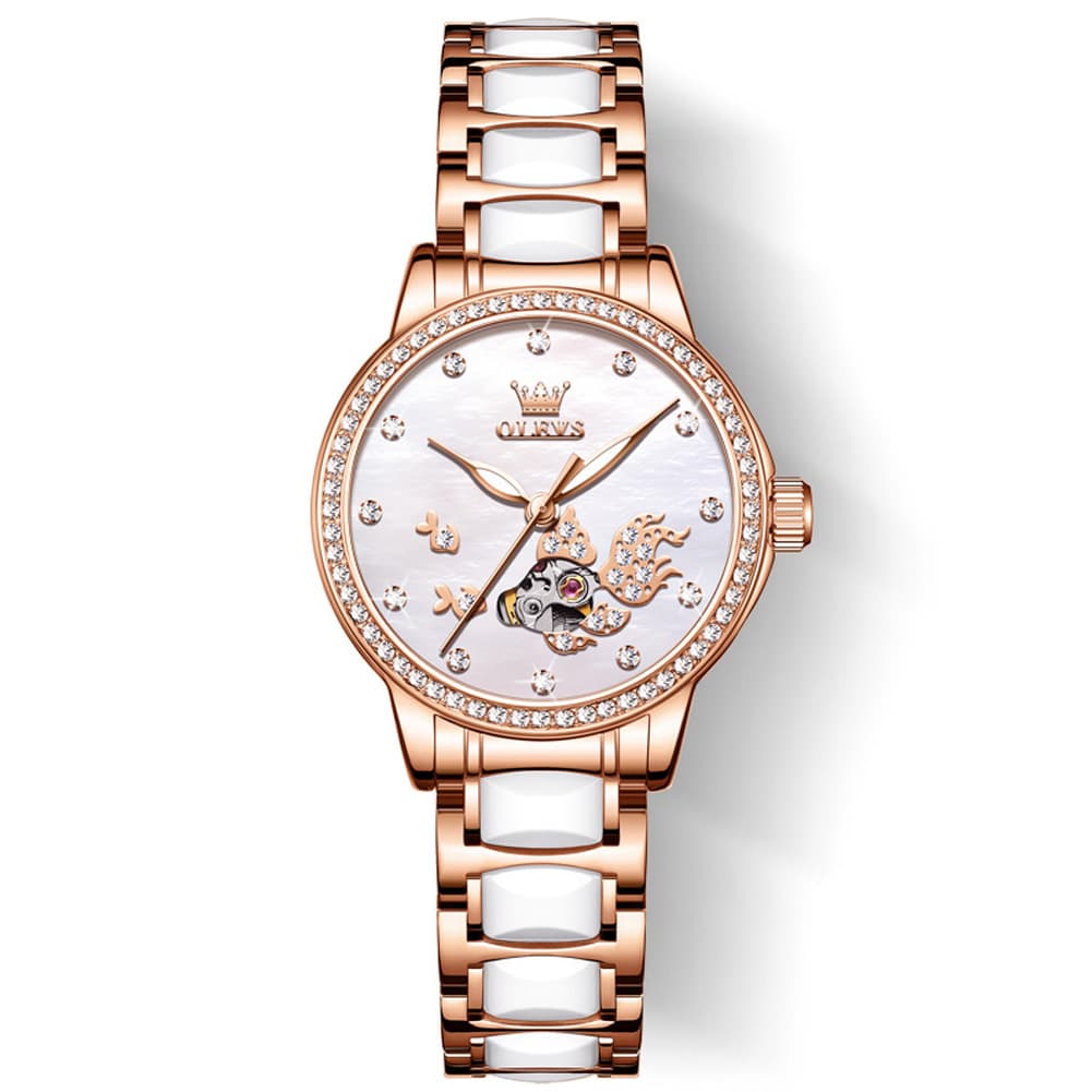 OLEVS 7001 Koi Skeleton Ceramic Mechanical Watch for Women - Rose Gold White Dial Watch | Olevs Watch Store