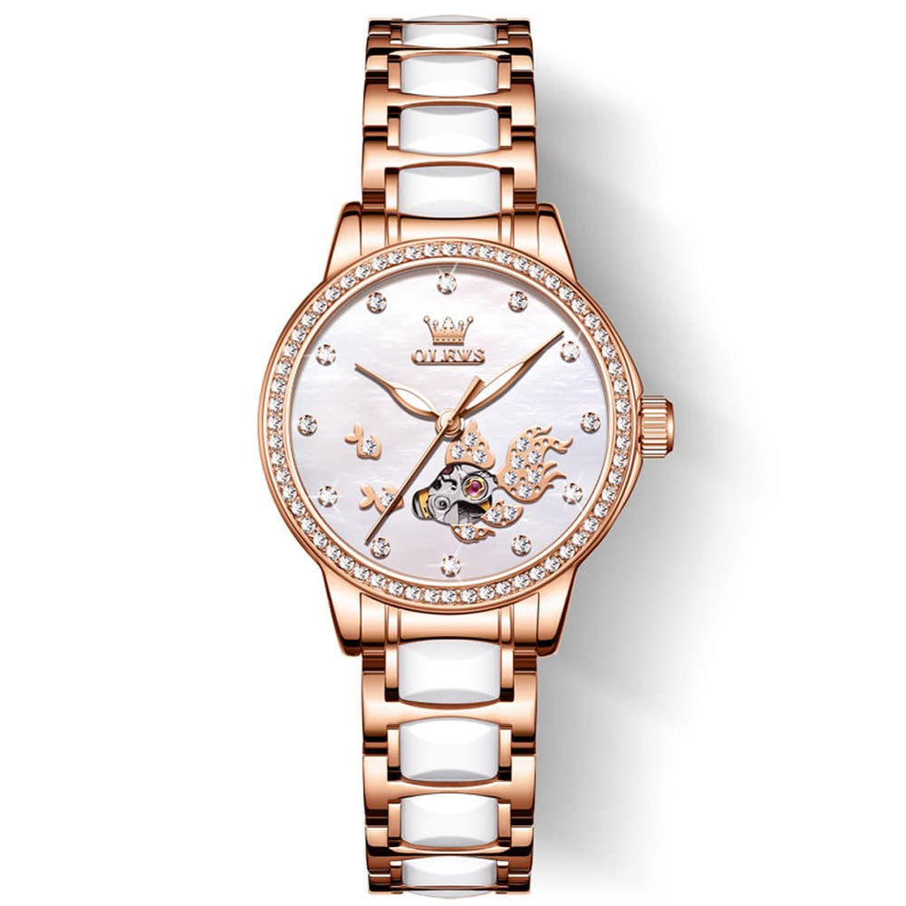 OLEVS 7001 Koi Skeleton Ceramic Mechanical Watch for Women - Rose Gold White Dial Watch | Olevs Watch Store