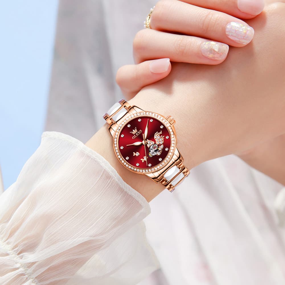 OLEVS 7001 Koi Skeleton Ceramic Mechanical Watch for Women - Rose Gold White Dial Watch | Olevs Watch Store